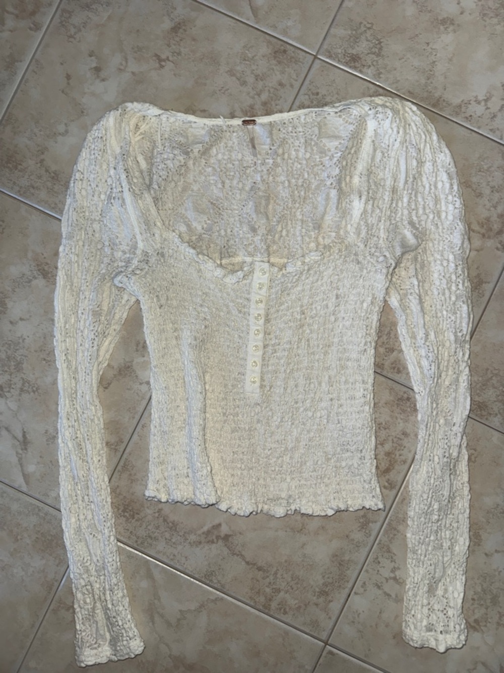Free People Cream Smocked Long-Sleeve Henley